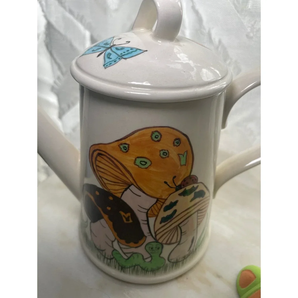 Vintage Mushroom Teapot and Top Hat Caterpillar Figurine Set Ceramic Handpainted